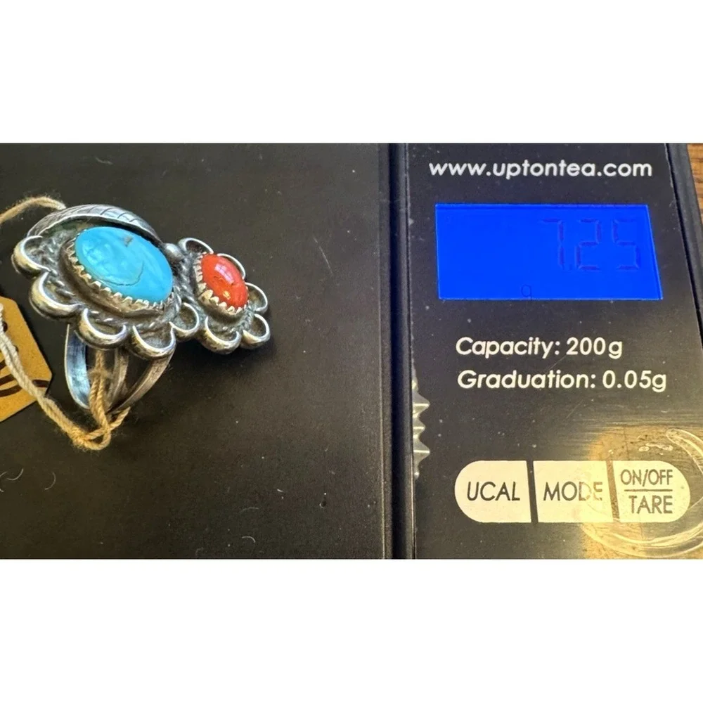 Navajo Sterling Silver Turquoise Coral Ring Handmade Split Shank Size 7.25